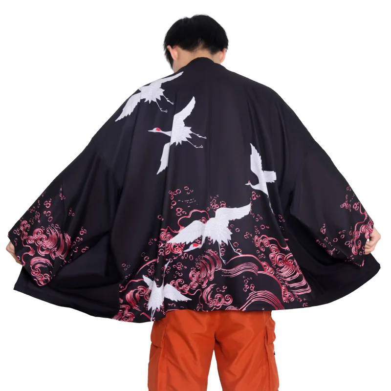 Black Kimono Cardigan Women Men Japanese Obi Male Yukata Men's Haori Japanese Wave Carp Print Coat Traditional Japan Clothes New