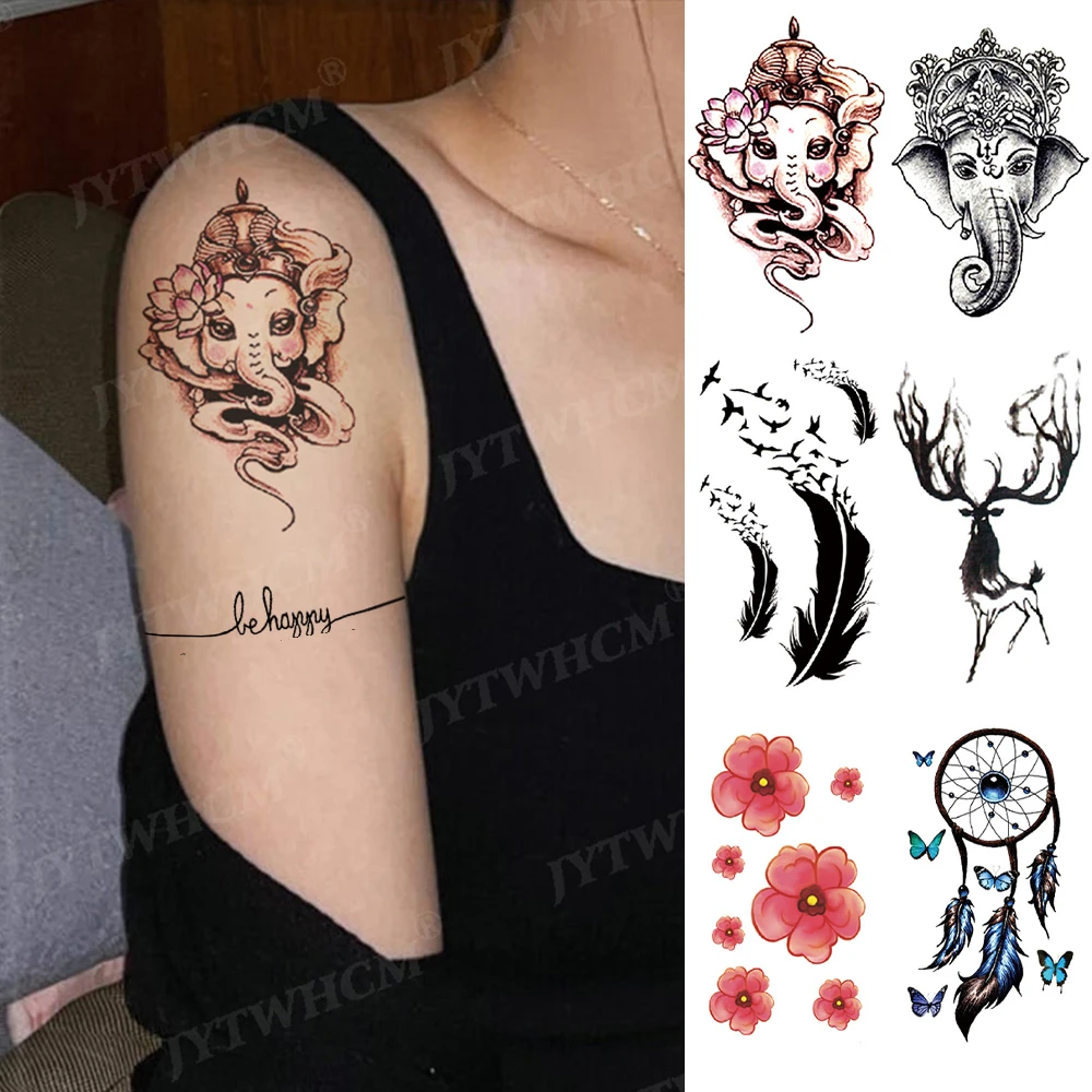 象の一時的なデザインのテキストは幸せな芸術のかわいいパターン防水タトゥーステッカーセクシーな女の子の腕のクリック動物の偽のような 消えるタトゥー Aliexpress