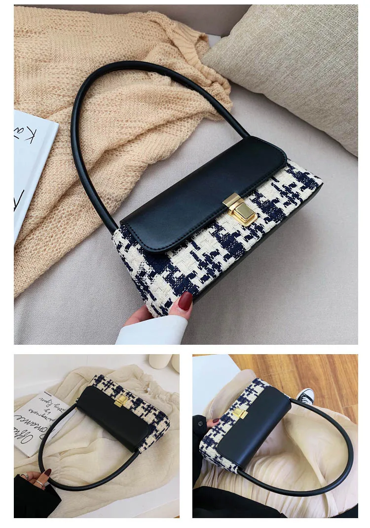 Winter Wool Plaid Small Shoulder Bag for Women Modern Handbags Mini Baguette Bags PU leather Lock Tote Black White Red Green Bag (14)