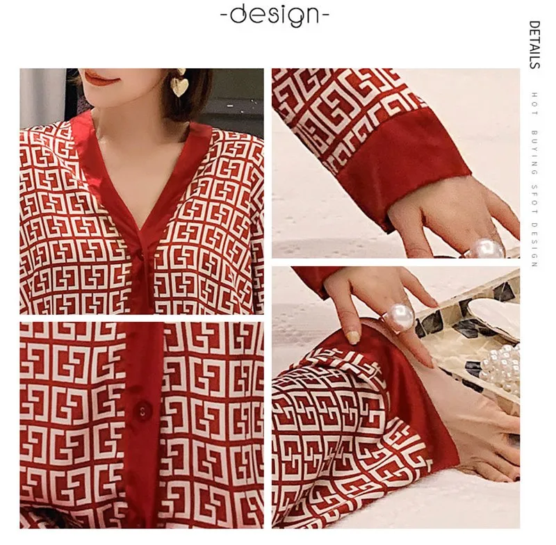 Lace Pj's 2PCS Sleepwear Women Satin Pajamas Suit Summer Pyjamas Casual Intimate Lingerie Long Sleeve Shirt&Pants Lounge Wear