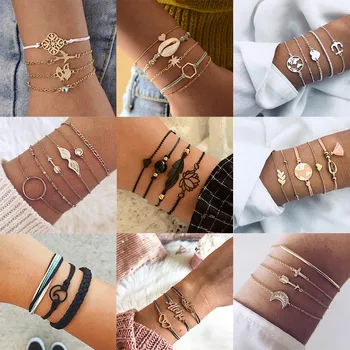 

Vintage Classic Bracelets Sets Geometric World Map Chain Gold Black Rope Bracelets Women Girls Accessories Jewelry Gifts