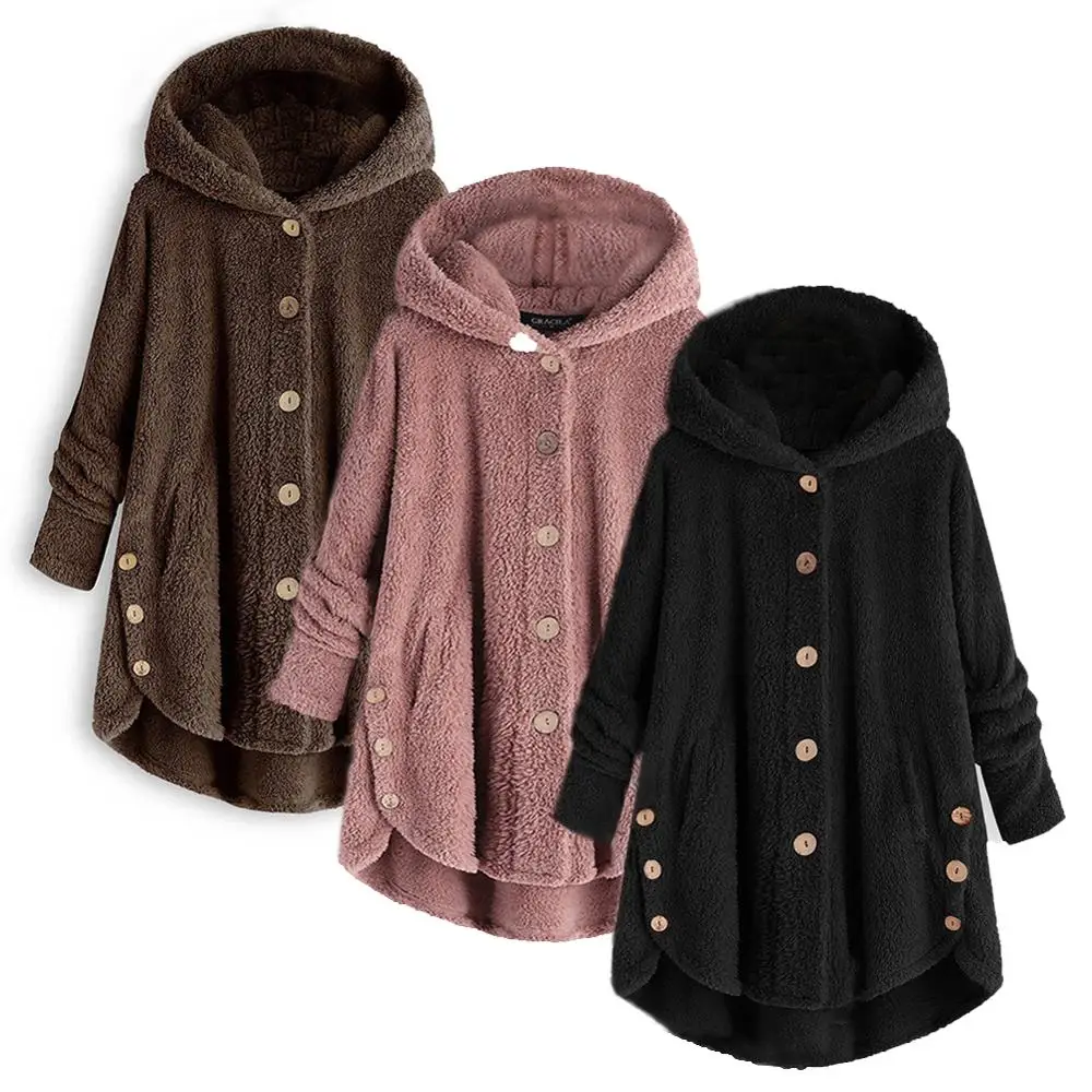 Skup Kobiety Plus rozmiar Winter Warm miękka kieszeń na guzik płaszcz kurtka kobieta śliczne ucho kaptur pluszowy płaszcz z długim rękawem Solid Color znosić