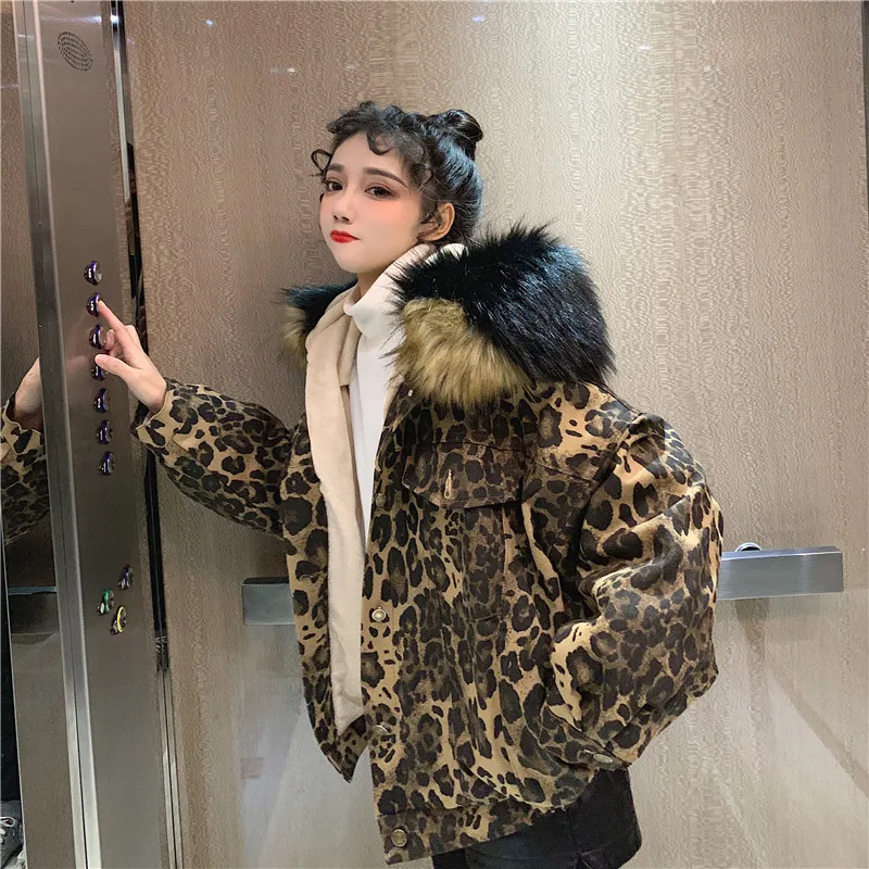 MUMUZI, женская зимняя модная куртка, плотное теплое пальто, женская леопардовая парка, меховая куртка, зимняя куртка с капюшоном, Feminina