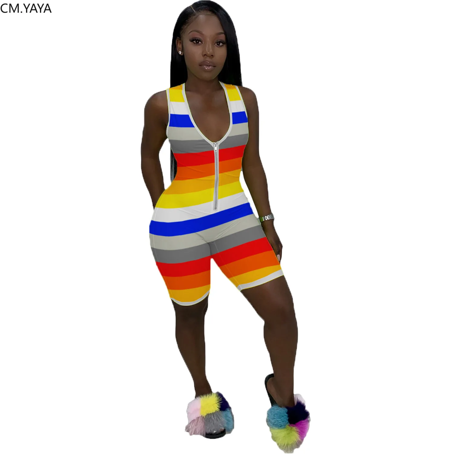 CM.YAYA Summer Women Rainbow Striped Zipper Up Sleeveless Bodycon Bodysuit Knee Length One Piece Romper Playsuit Jumpsuit |