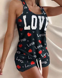 Spring Summer Women's  Tank & Shorts Set 2021 Valentine's Day New Top & Short Pants Set Femme Heart Print Casual Homewear