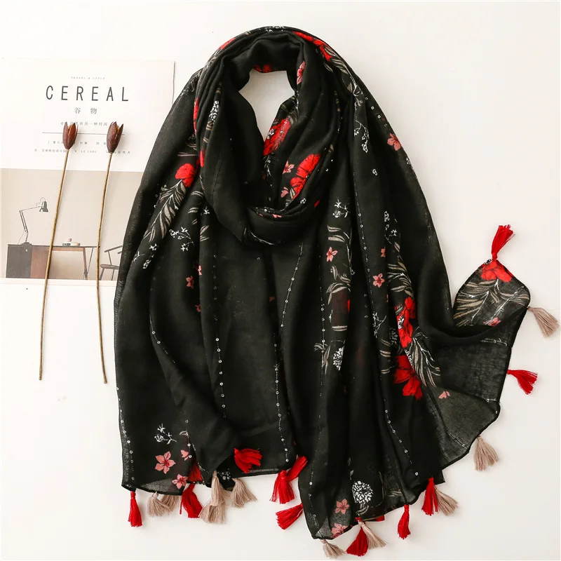 2022 Autumn Lovely Black Floral Sequin Tassel Viscose Shawl Scarf High Quality Print Soft Foulards Muslim Hijab Sjaal 180*90Cm