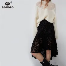 ROHOPO/юбка миди с цветочной вышивкой и кружевом, высокая, низкая, двухслойная, с оборками, на подкладке, черная, осенняя, градиентная, макси, Falda#1371