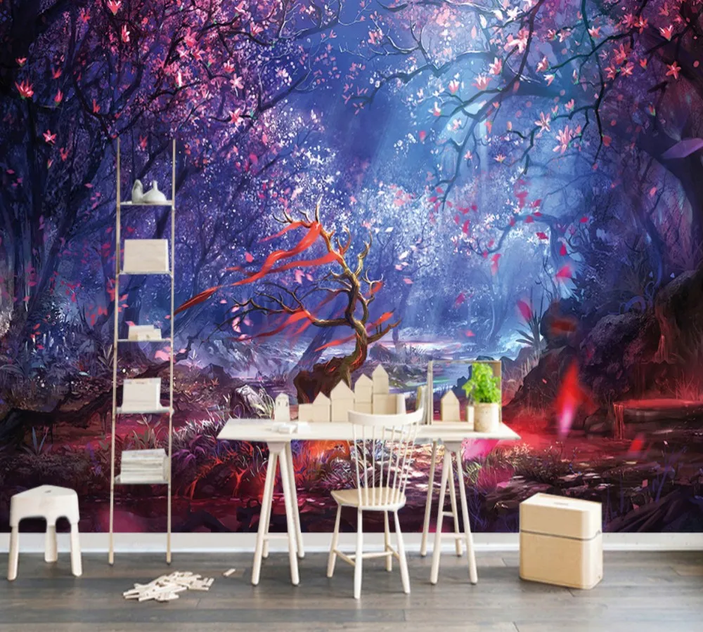 

Dropship Nordic Beautiful Flowers Tree Mural Decoration Painting Custom 3D Wallpaper Fantasy Forest Living Room Pohto Mural