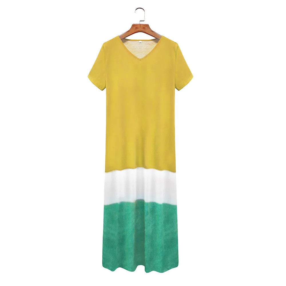 Boho Chic Plus Size Maxi Long Dress Women Casual Loose Color Block Dress Patchwork Short Sleeve Beach Summer Dresses Women