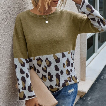 

Winter Women's Long-sleeve Knitted Sweater Pullover 2020 Loose Round Neck Sweater Leopard Round Neck Pullover Women's Sweater