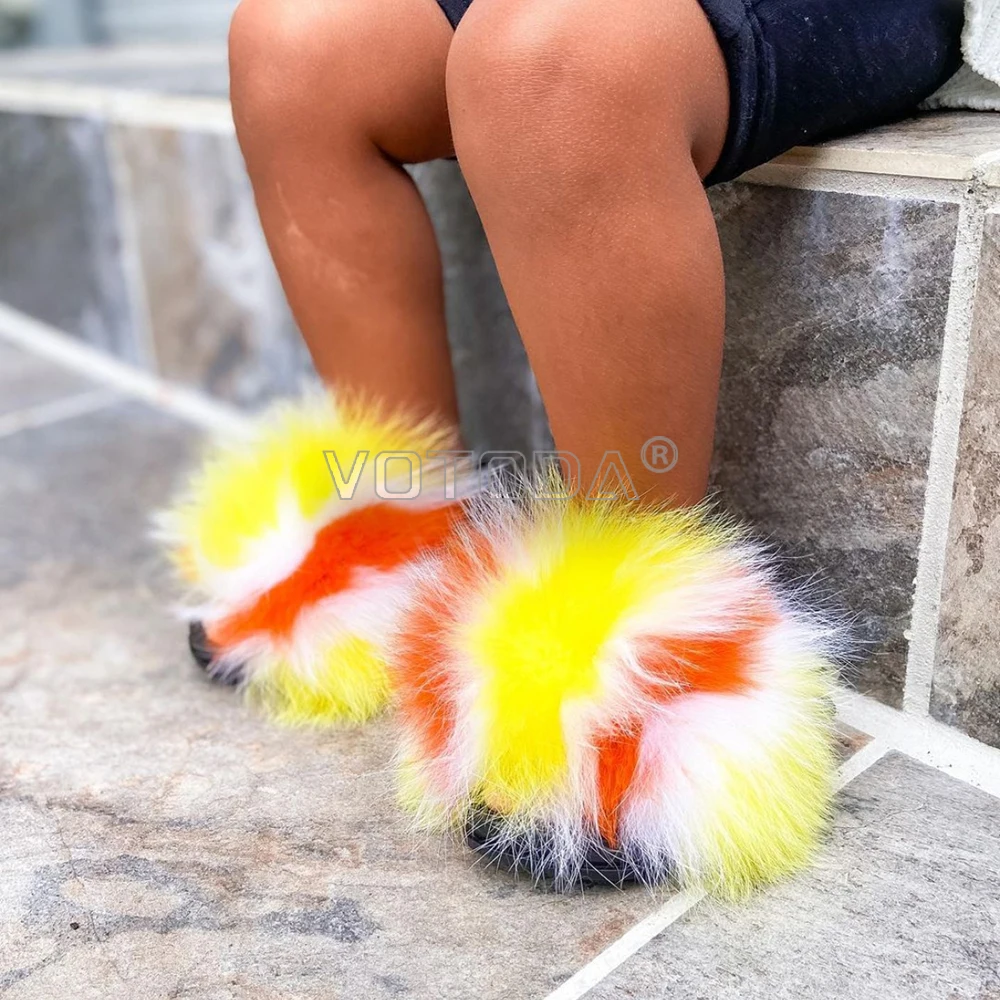 Fur Slides Kids Furry Children Real Fur Slippers Strap Fluffy Raccoon Flip Flops Baby Sandals Girls Cute Funny Shoes Toddler kids slippers plush slippers kids sandals