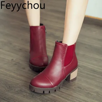 

Women Boots Autumn Winter Ankle Boots High-heeled Pu Zip Martin Round Toe Platform 2019 Comfortable Vintage Elastic Band Black