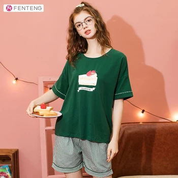 

FENTENG Summer Pajamas For Women Loose Casual Sleepwear Sweat Women's Home Clothes 2 Pieces Sets X98123099