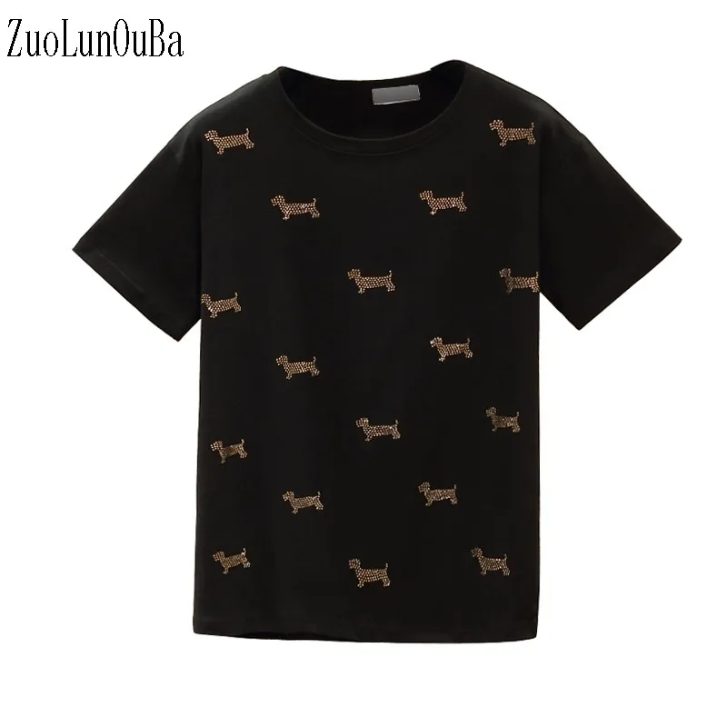 

Summer Women T Shirt Classic Black Color Cartoons Dog T-Shirts Round Neck Short Sleeve Diamond Tees Tops