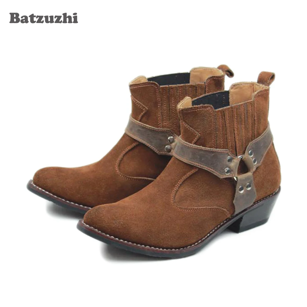 

Super Cool Western Cowboy Boots Men Pointed Toe Cowhilde Genuine Leather Ankle Men Boots Brown Suede Buckle Motorcycle Boots Men