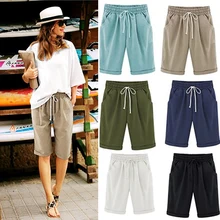 Новые летние женские хлопковые льняные повседневные шорты размера плюс, пляжные шорты с высокой талией, модные женские однотонные шорты