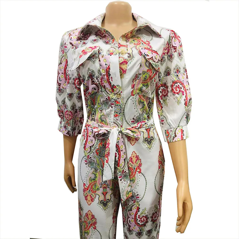 Seluxu Fall Autumn Women Jumpsuit Floral Print Jumpsuit Long Sleeve Turn-down Collar Jumpsuit Sashes Wide Leg Women Romper