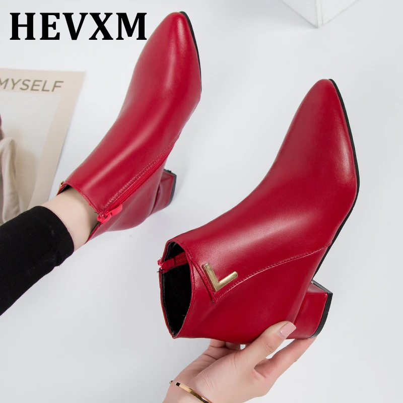 Botas de piel informales con tacón bajo para Mujer, botines de goma con punta estrecha, color negro y rojo, para primavera