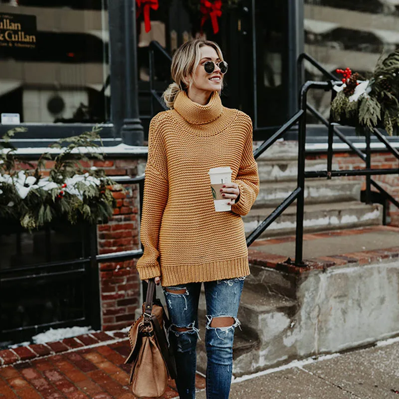 Women Sweater Solid High Collar Irregular Hem Long Sleeve Pullover Loose Daily Sweater Autumn Winter Women Sweater Top DZA003 - Цвет: E