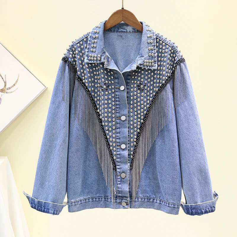 

2020 Spring New Full Sleeve Rivet Tassel Jacket Plus Size Women Trend Denim Coat Korean Loose Casual Outerwear Coats Streetwear