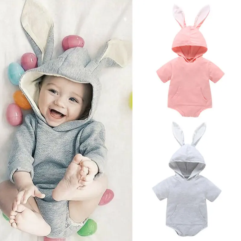 baby bodysuit Brand 0-24M Newborn Infant Baby Boy Girl Easter Short sleeve Bunny Ear Hooded Tail Jumpsuit Playsuit