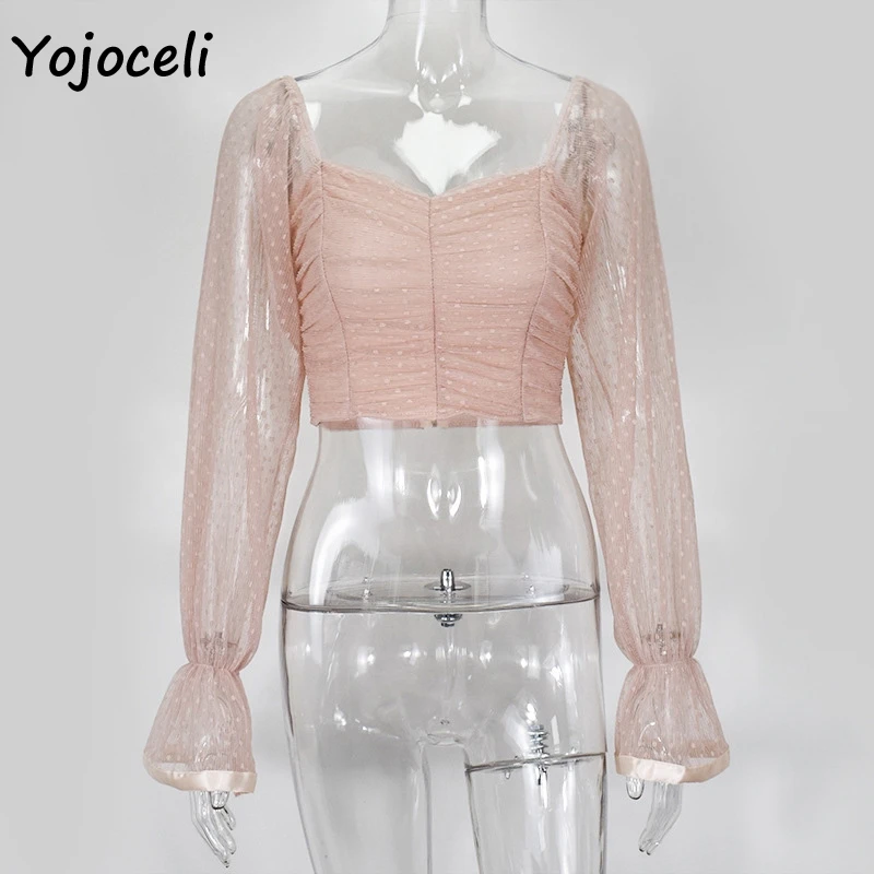 Yojoceli, сексуальные сетчатые блузки в горошек, рубашка для женщин, с открытыми плечами, boho, пляжные кружевные блузки, рубашка, топ, женские короткие блузки