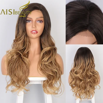 

AISI BEAUTY Long Synthetic Wavy Wigs for Women Natural Partial Hair Ombre Black Brown Wig Glueless Hair Heat Resistant