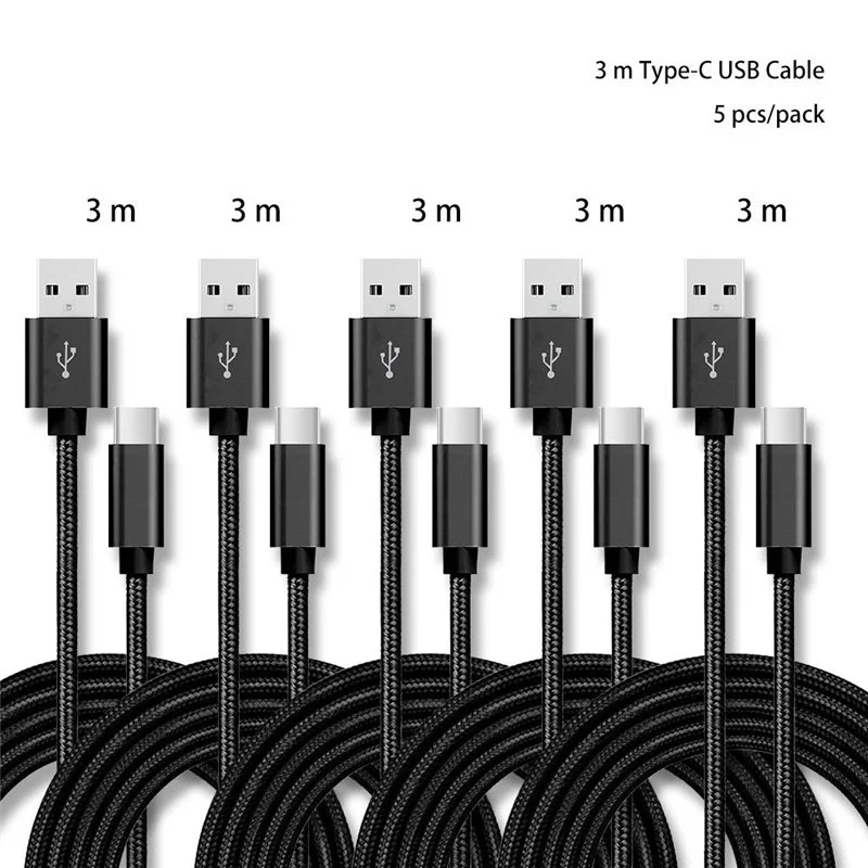 3 м 5 шт./упак. Тип C до USB 2,0 USB кабель с нейлоновой оплеткой зарядный кабель для huawei P30 mate 20 xiaomi samsung Примечание 10 S10 OPPO R17 vivo onePlus 7, 6 комплектов/партия, футболка