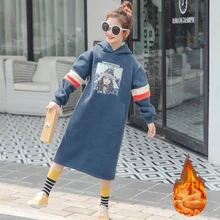 Новинка года; зимнее длинное платье с капюшоном для девочек; плотная теплая Свободная верхняя одежда с флисовой подкладкой для девочек-подростков