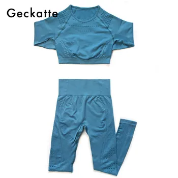 

Geckatte yoga suits for women sportswear fitness running gym sets workout seamless leggings and long sleeve tops kits female