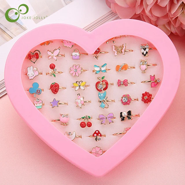 10/20/36 pcs Cute Adjustable Rings Children Girls Pretend Play Makeup Toys Cartoon Crystal Jewelry Alloy Animal Enamel Ring 1