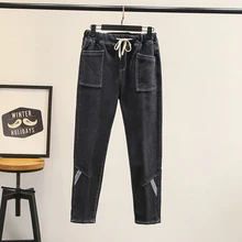 Женские новые зимние теплые толстые вельветовые джинсы размера плюс 5XL черные свободные джинсы из денима в стиле пэчворк с карманами для мам