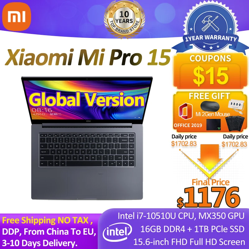 Xiaomi Pro 15 ноутбук MX350 Intel Core i7-10510U 16 Гб ТБ SSD 100% sRGB компьютер ПК с подсветкой