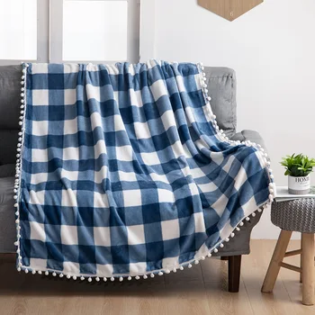 

Printed flannel blanket coral fleece tassel thickened plaid sofa blanket with ball wholesale b112