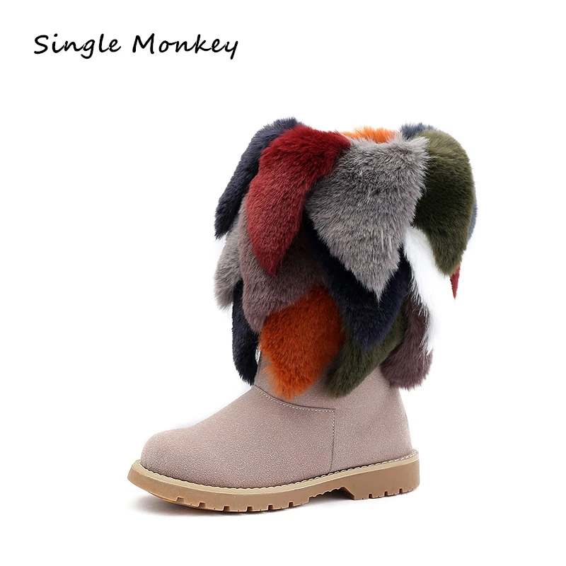 

Single Monkey Women shoes new 2021 winter Cow Suede Colorful Fur Warm Snow Boots Flats Fashion Walking Shoes Woman Botas Mujer