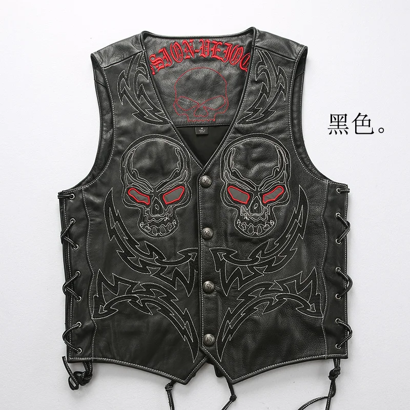 Flash Sale Read Description! Asian size super quality Cow leather vintage waistcoat men's cowhide stylish light reflecting embroidery vest