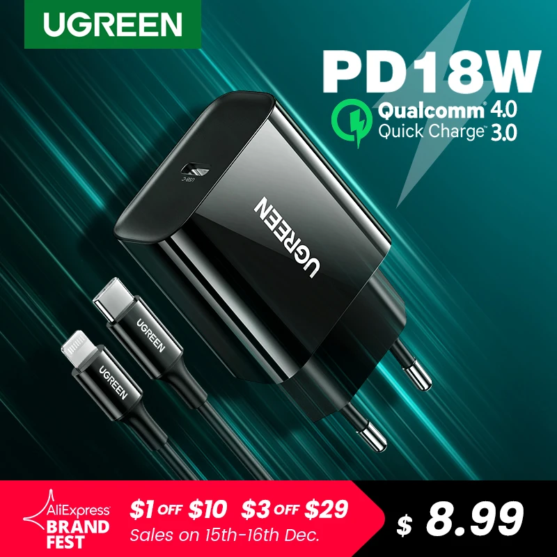 UGREEN PD зарядное устройство 18 Вт Быстрая зарядка 4 0 3 QC быстрое для iPhone 12 X Xs 8 iPad USB Type C