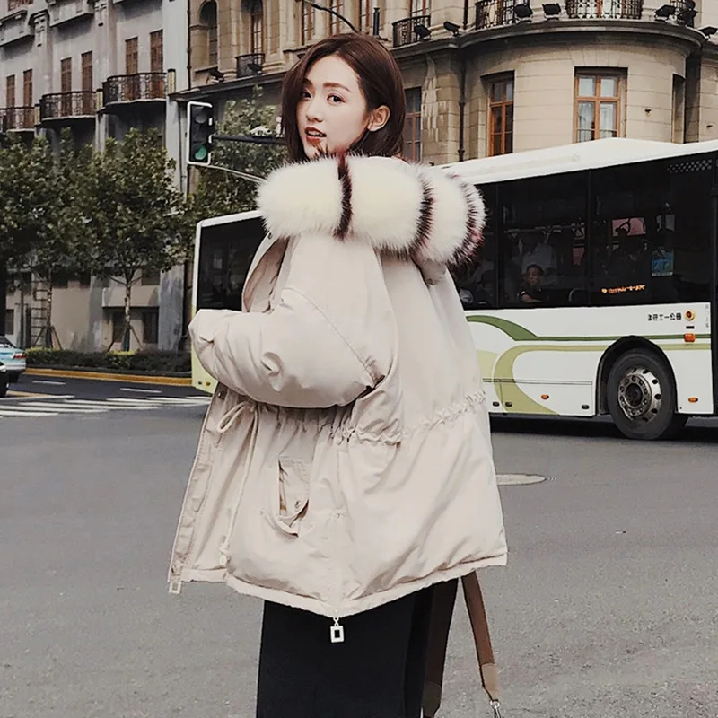 

Main Push 2018 Winter Short Workwear Cotton Coat Women's Korean-style Drawstring Loose-Fit Oversize Thickening Large Fur Collar