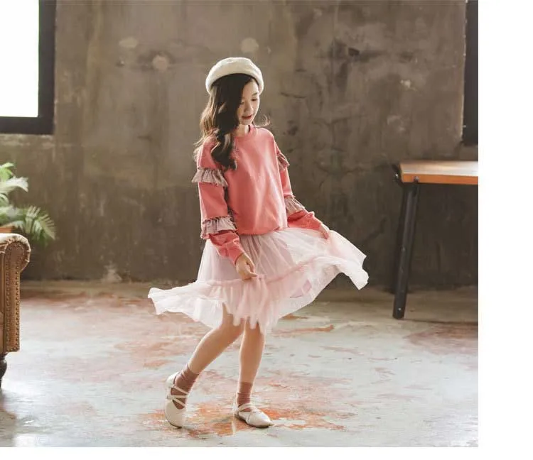 Осенний комплект одежды г., комплект с юбкой, детская одежда Детский комплект для девочек, толстовки Топы и сетчатые Юбки Комплекты из 2 предметов