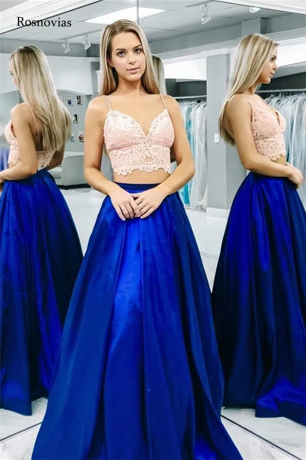 

Sexy Two Pieces Prom Dresses 2020 Spaghetti Strap A Line Sweep Train Evening Party Dresses Formal Gowns robe de soiree Custom