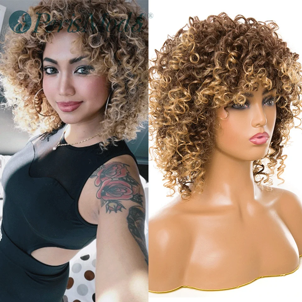 Short Synthetic Wigs with Bangs Kinky Curly Wig for Women PerisModa Mixed Brown and Grey Natural High Temperature Fiber Hair | Шиньоны и