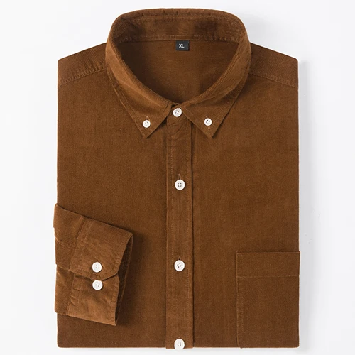 Men's Cotton Casual Shirt Long Sleeve Slim Fit Button-Down Neck Autumn Spring Soft Social Leisure Corduroy Shirt - Color: DXL03