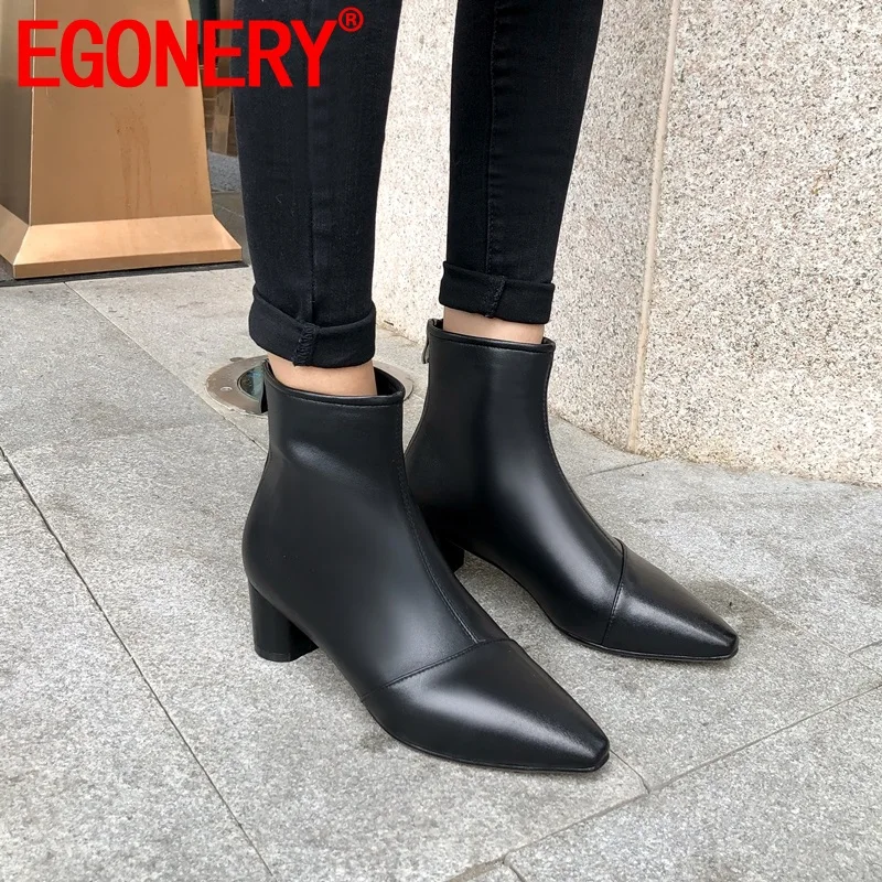 

EGONERY woman shoes 2019 spring autumn new fashion pointed toe ankle boots outside back zipper leather office wedding shoes