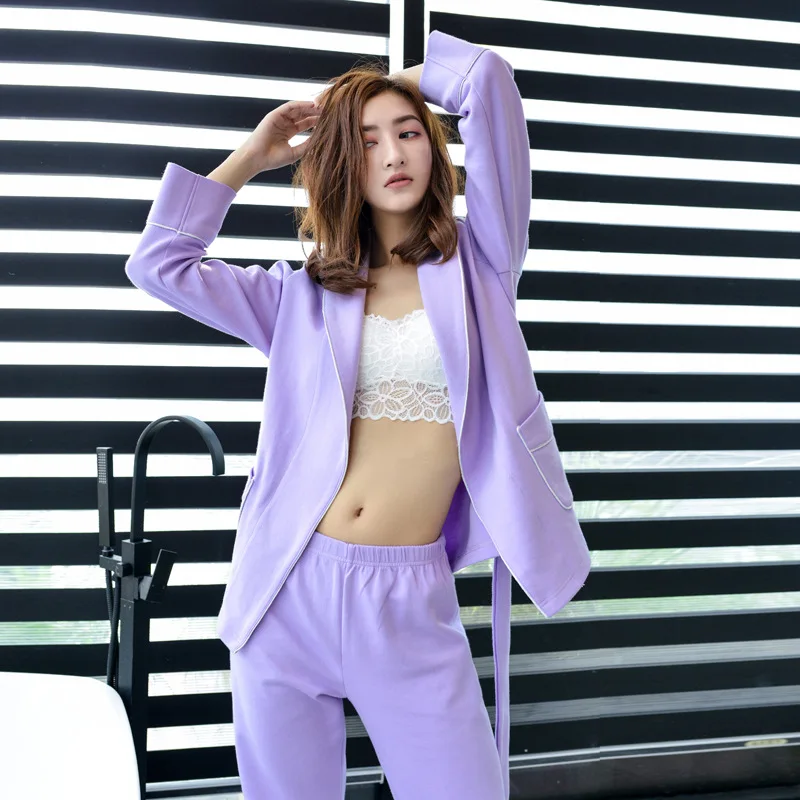 

Spring and Autumn Long Sleeve Pants Cotton Pajamas Solid Europe Fan Women Sleepwear Loungewear Home Clothes Lapels Sleep Set