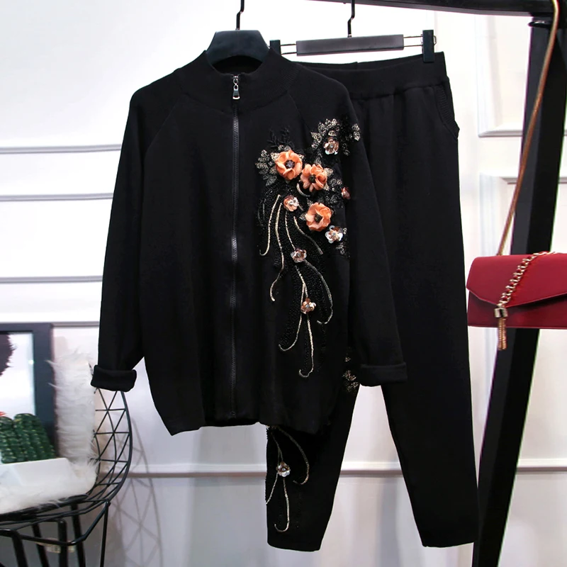 

HIGH STREET New Stylish 2019 Fall Winter Runway Suit Set Women's Chic Flowers Appliques Zip Cardigan + Pants Set