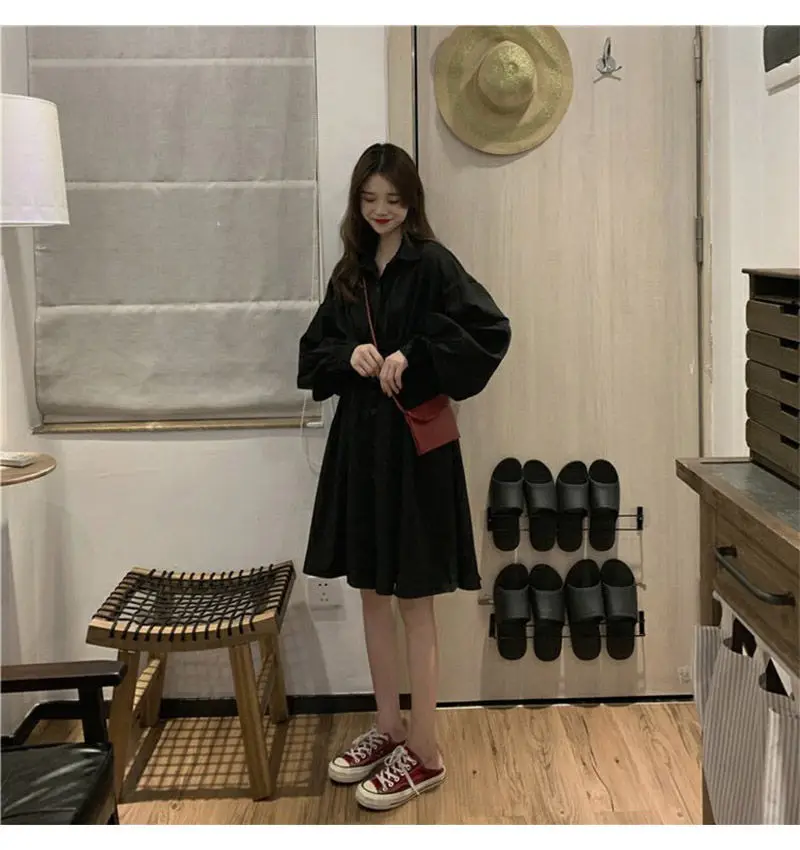 Dress Women Korean Elastic Waist Design Vintage Black Simple Summer Womens Vestidos Lantern Sleeve Trendy Preppy Girls Dresses mini dress