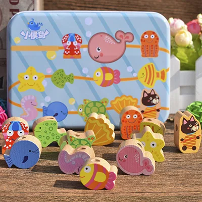 Детские деревянные игрушки DIY Фрукты мультфильм игрушка животное нанизывание резьбы деревянные бусины развивающие Monterssori игрушки для детей - Цвет: ocean 165