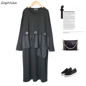 

Women Fashion Solid Black Loose Straight Dress O Neck Women Black Metal Ring Female Casual Brief Midi Dresses Vestidos LT758S30