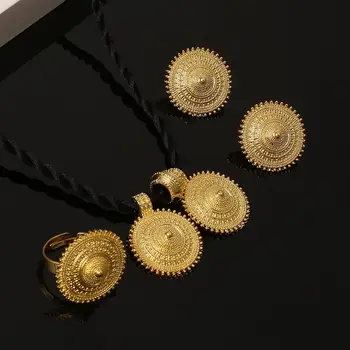 Ethiopian Fashion Gold Color Necklace Pendant Earrings Ring Habesha Wedding Jewelry Sets
