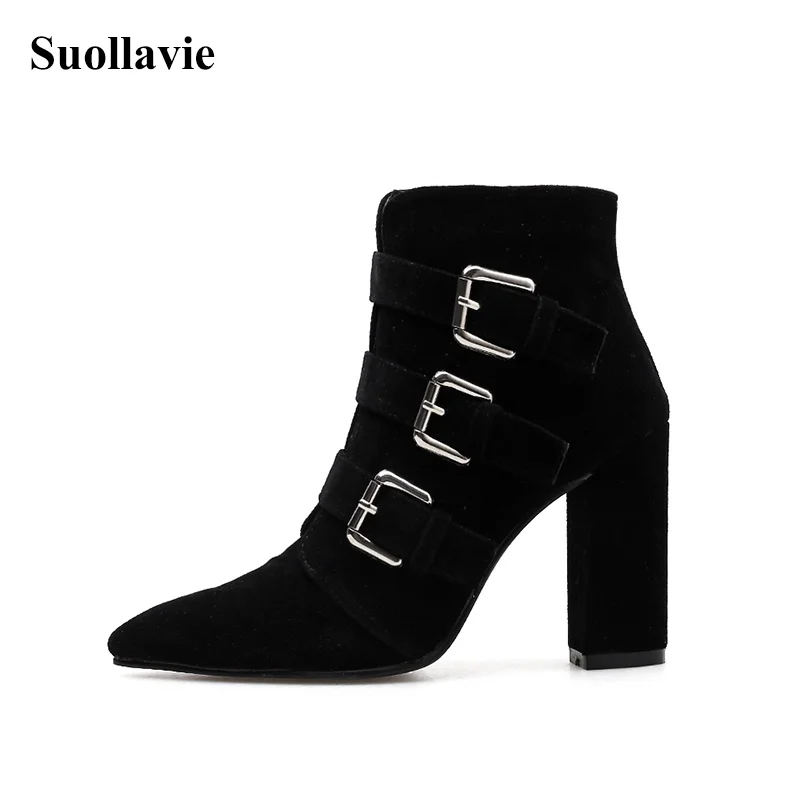 

NEW Winter 2019 Flock Women's Boots Pointed Toe Booties Studded Thick High Heel Ladies Fashion Motorcycle Boots